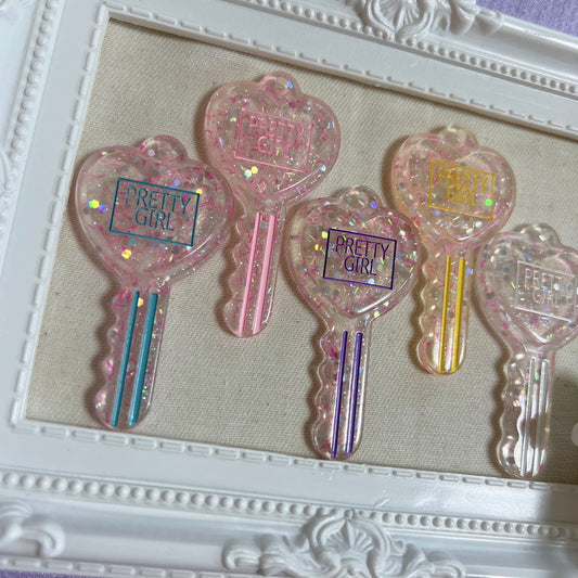 ハートの鍵チャーム 5個セット ラメ クリア