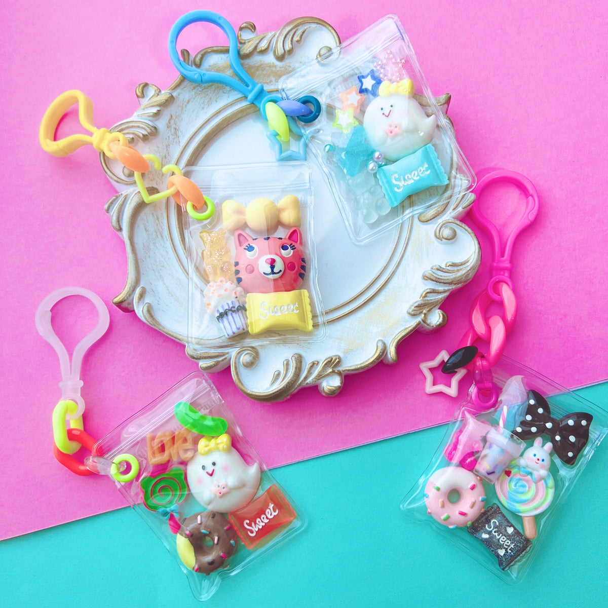 チェーン色々250個セット 大容量ワークショップセット♡ キャンディバッグキーホルダー 袋サイズ5×7cm デコパーツ付き イベント お店 学校等 ④